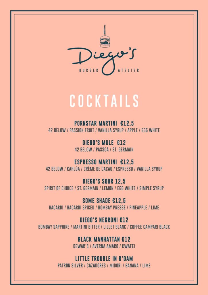 Cocktailkaart Diego's Burger Atelier: cocktails met prijzen