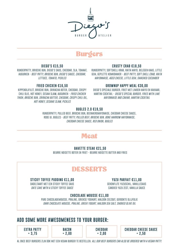 Menukaart Diego's Burger Atelier: burgers, meat en desserts met prijzen