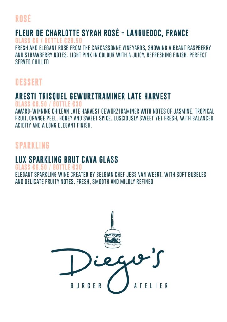Wijnkaart Diego's Burger Atelier: rosé, dessertwijn en cava